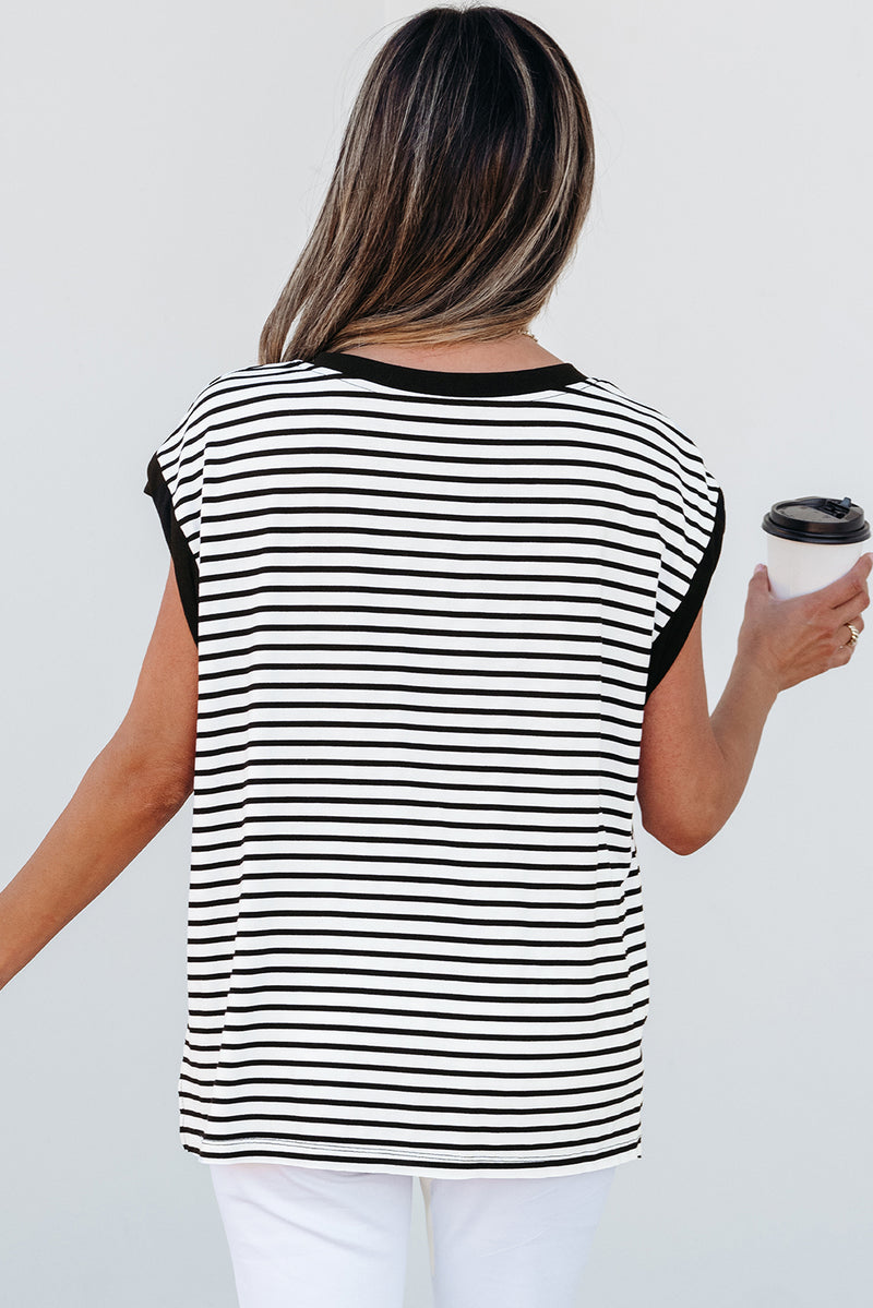 Stripe Chest Pocket Patch Round Neck Tank Top Women UK