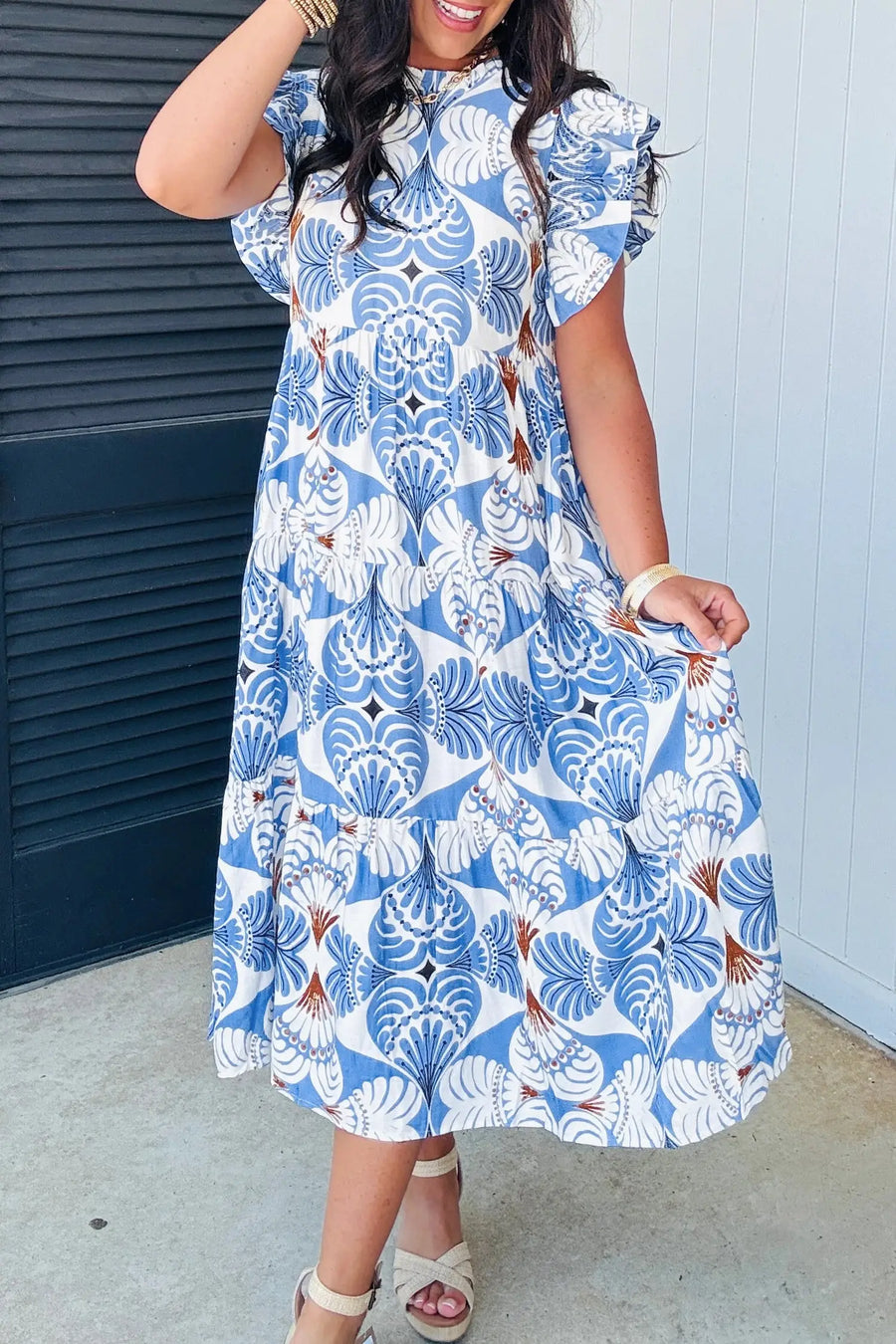 Sky Blue Tropical Botanic Flutter Sleeve Vacation Maxi Dress Women UK — close-up detail