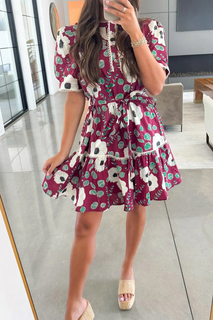 Red Floral Trimmed Puff Sleeve Belted Mini Dress Women UK — model shot