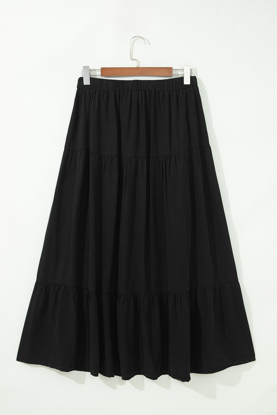 Black Elastic Waist Ruffled Tiered Flared Denim Maxi Skirt Women UK
