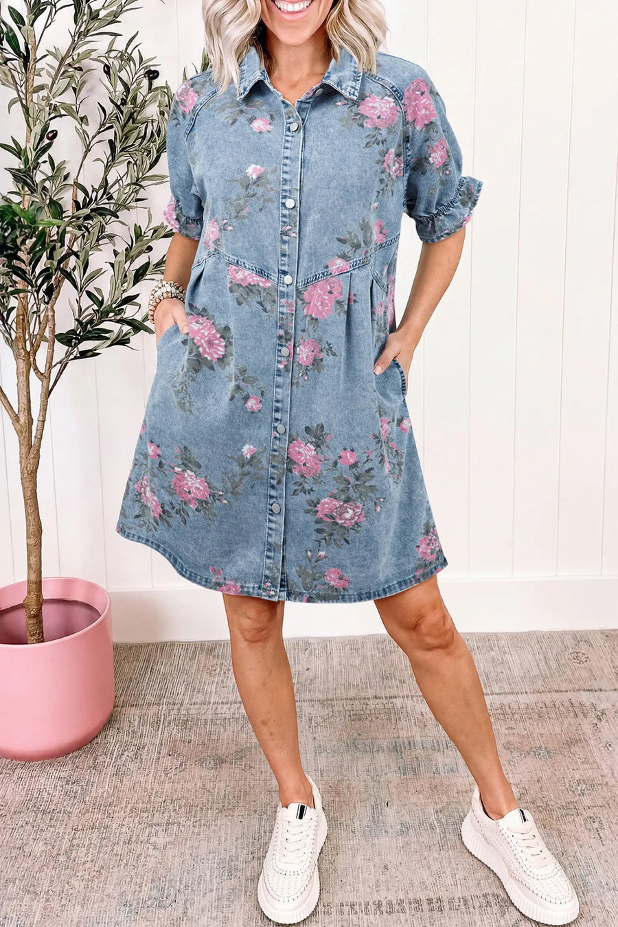 Floral Print Denim Short Sleeve Button-Down Dress — back view | Fashionfitz UK