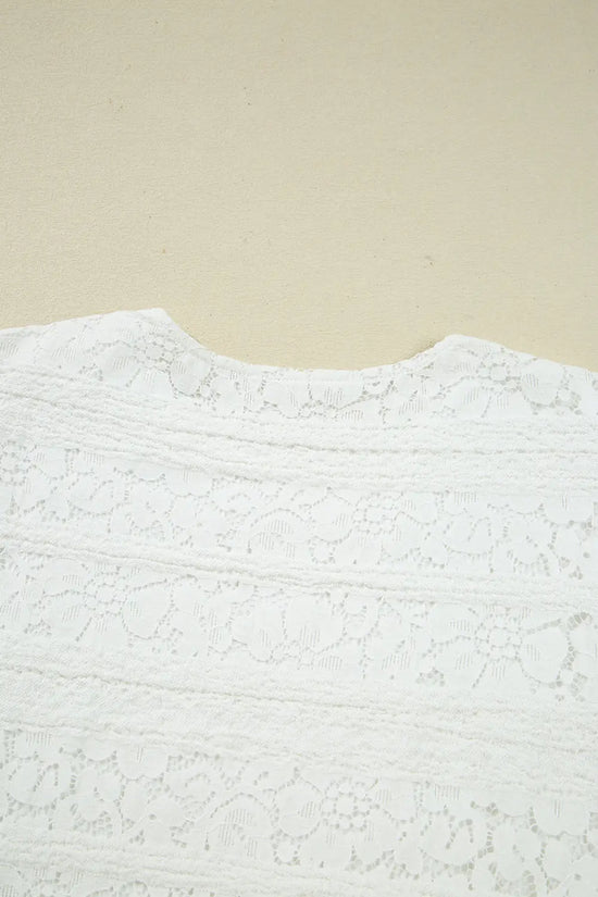 White lace crochet puff sleeve round neck shift dress