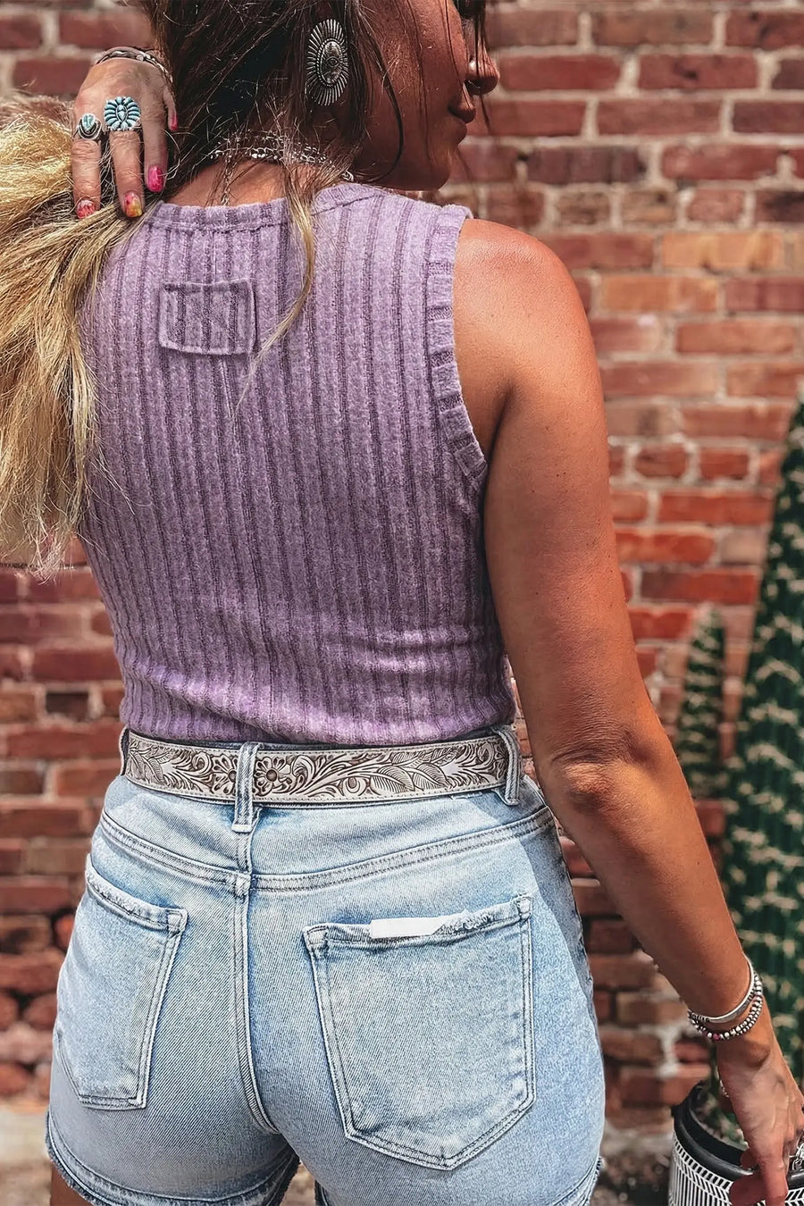 Ribbed mineral wash tank top slim fit round neck sleeveless tops