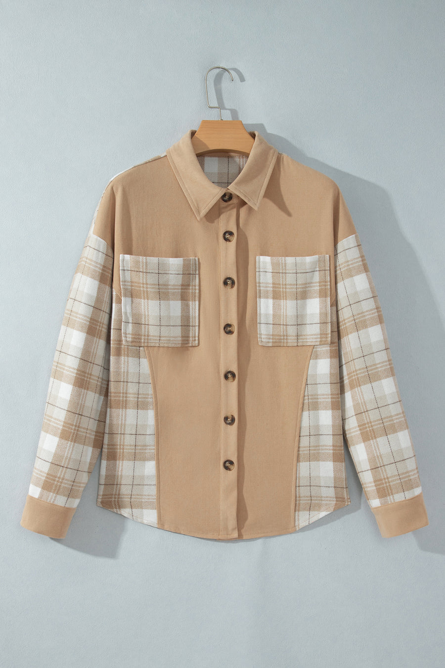 Light French Beige Plaid Colorblock Shirt Collar Shift Shacket