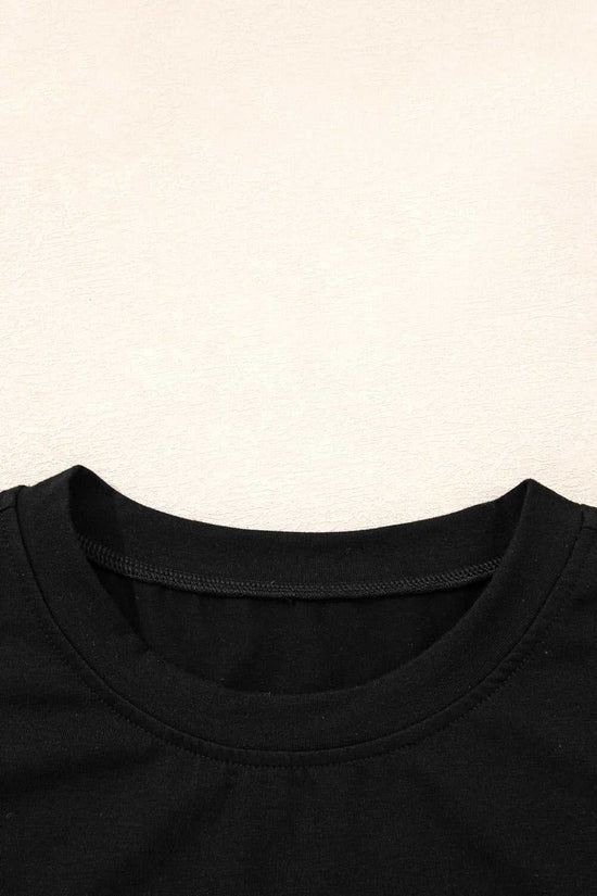 Close-up of the neckline on the Lace Sleeve Drop T-Shirt - Soft & Comfy | FashionFitz, showing the smooth black fabric and round collar.