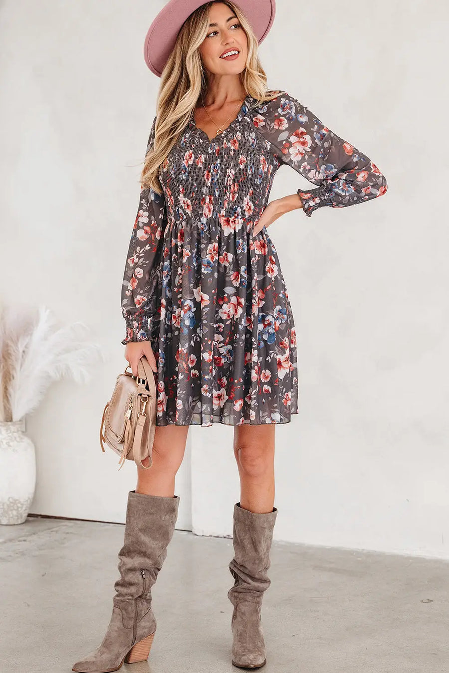 Brown Frilly Smocked Floral Mesh Long Sleeve Mini Dress Women UK
