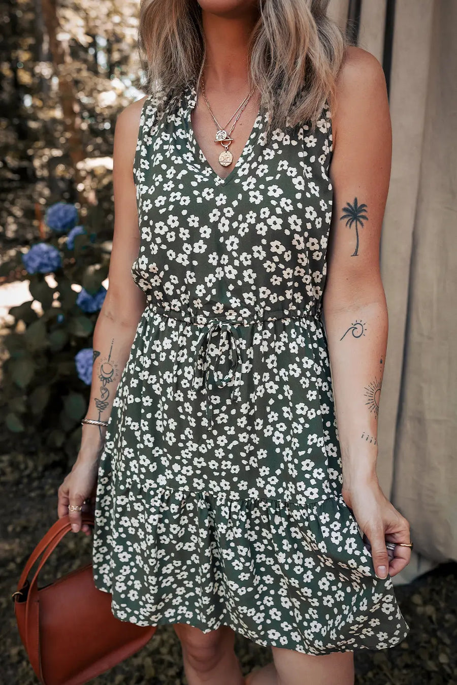 Green Boho Floral V Neck Sleeveless Tunic Dress Women UK