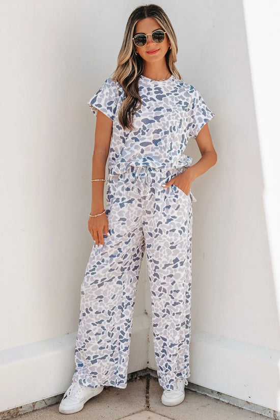 Camo twisted rib tee drawstring pants set short sleeve beige outfit sets