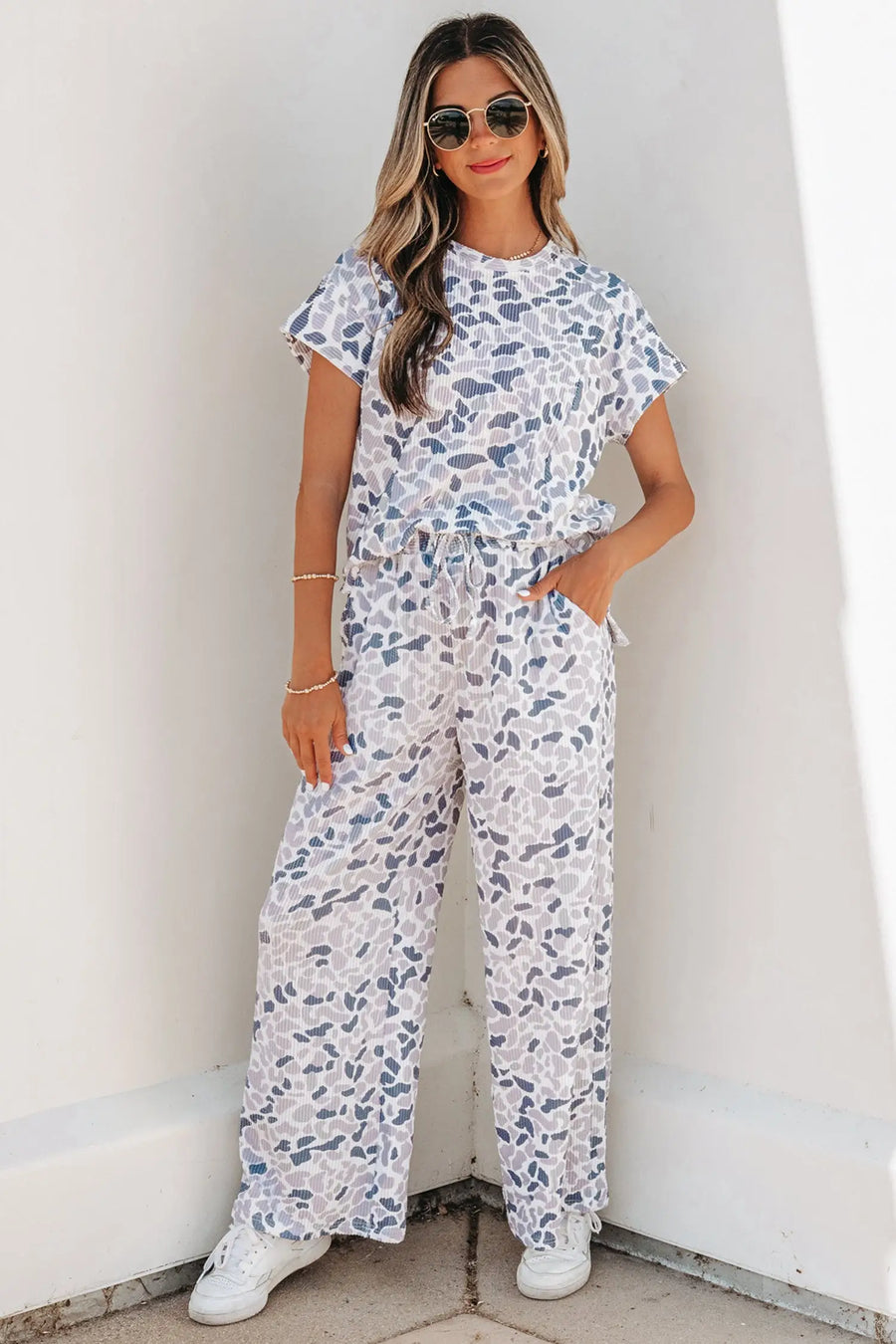 Camo twisted rib tee drawstring pants set short sleeve beige outfit sets