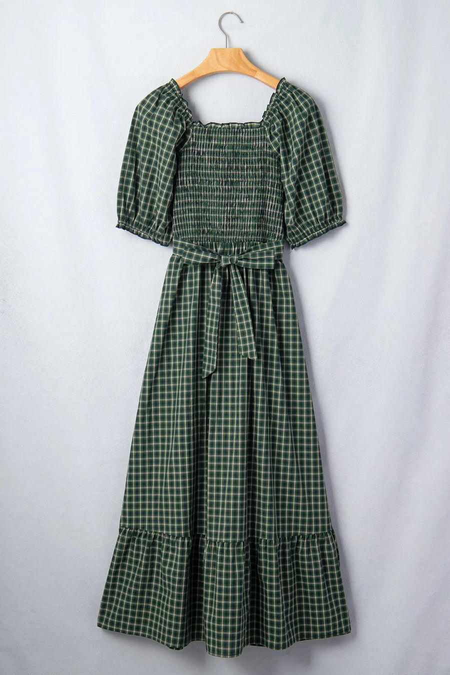 Plaid Square Neck Shirred High Waist Ruffle Hem Dress