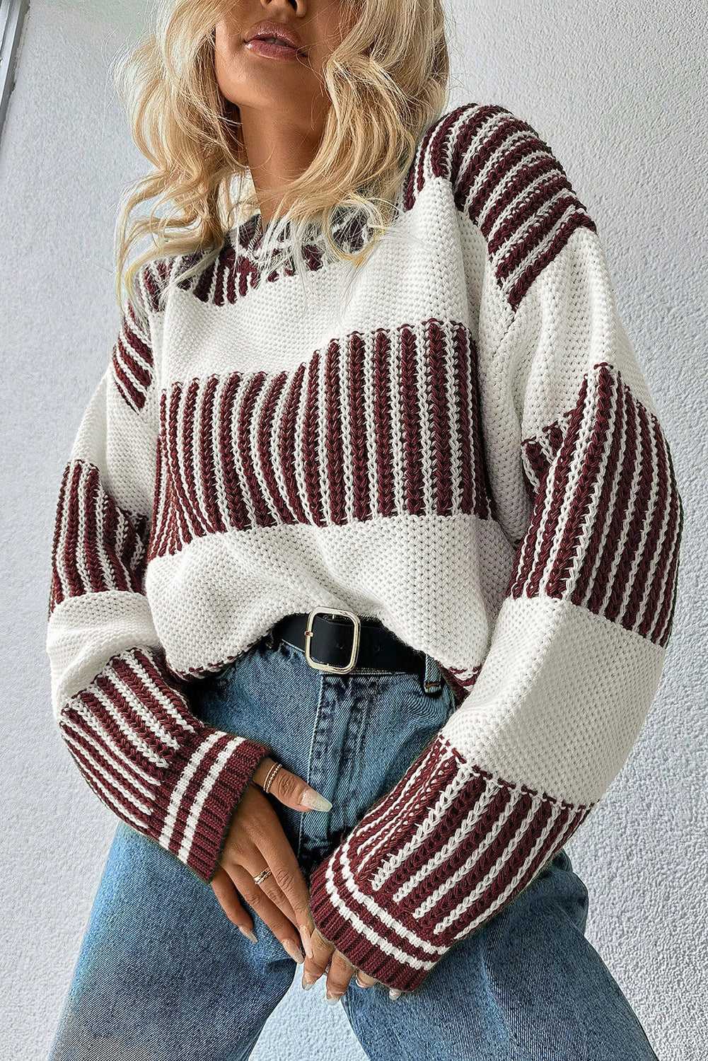 Oversized striped sweater in warm brown tones for autumn layering