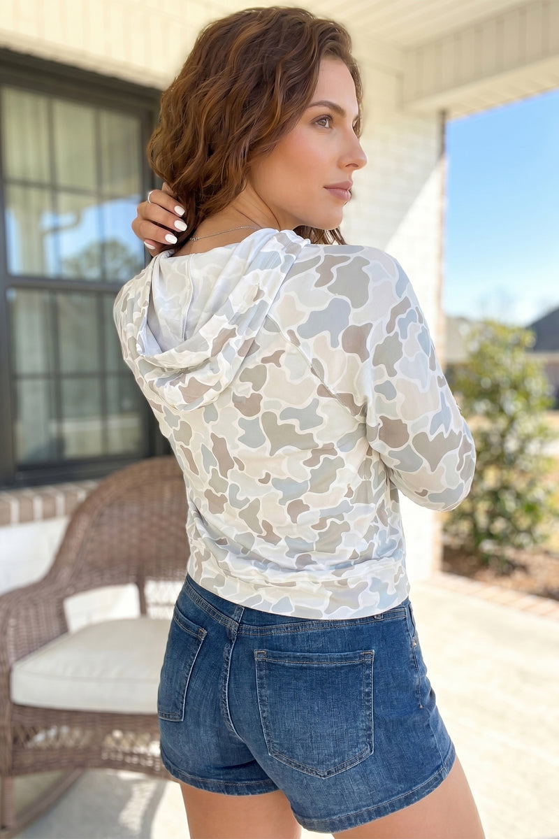 Camo Print Long Sleeve Hooded Pullover Top