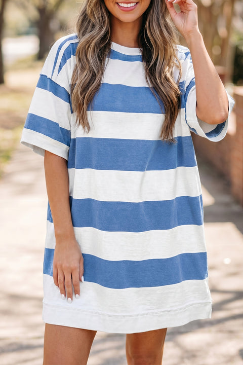 Blue Stripe Raw Seam Shoulder Pocket Tee Dress Women UK