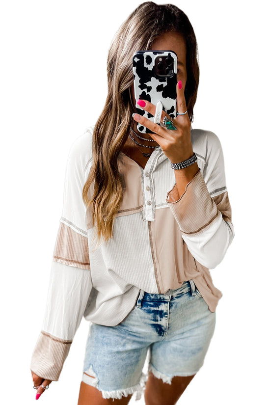 Color-Block Seamed Ribbed Henley Hoodie