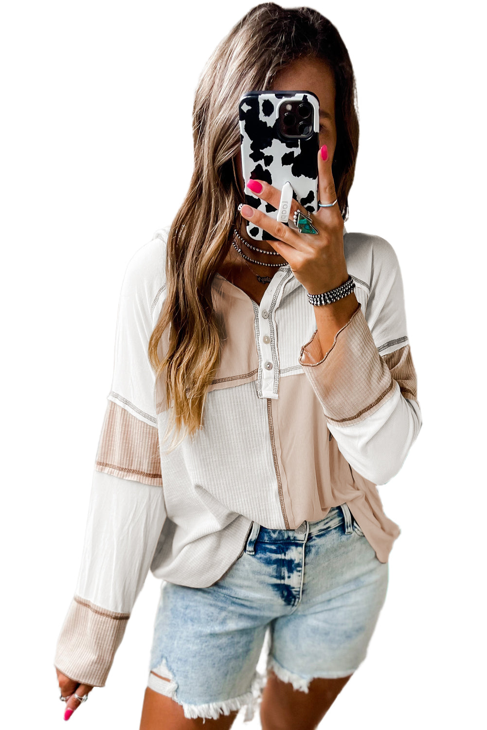 Color-Block Seamed Ribbed Henley Hoodie