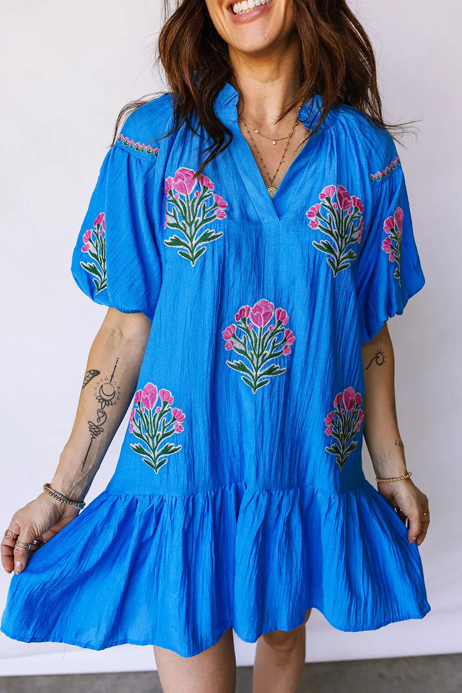 Multicolour Floral Doodle Striped Trim V Neck Midi Dress Women UK
