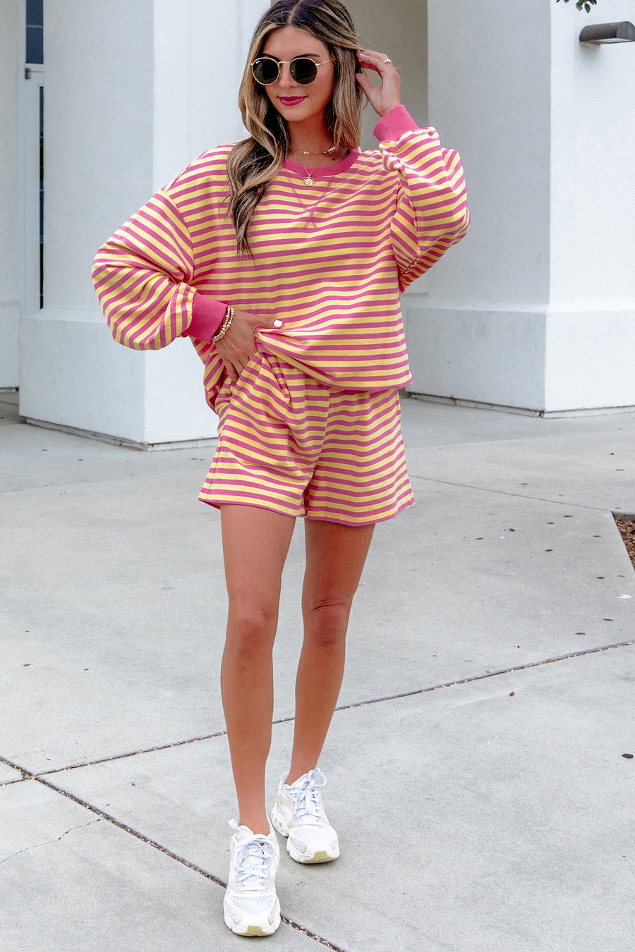 Yellow Stripe Colour Block Long Sleeve Top & Casual Shorts Set Women UK