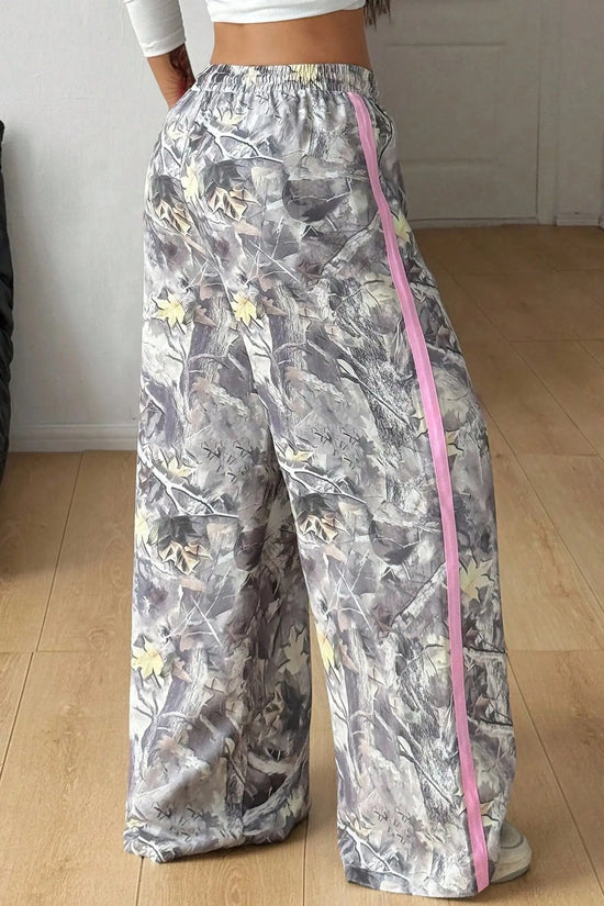 Gray camo woodland print wide leg sweatpants