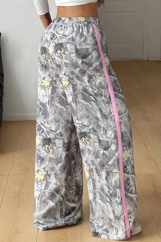 Gray camo woodland print wide leg sweatpants