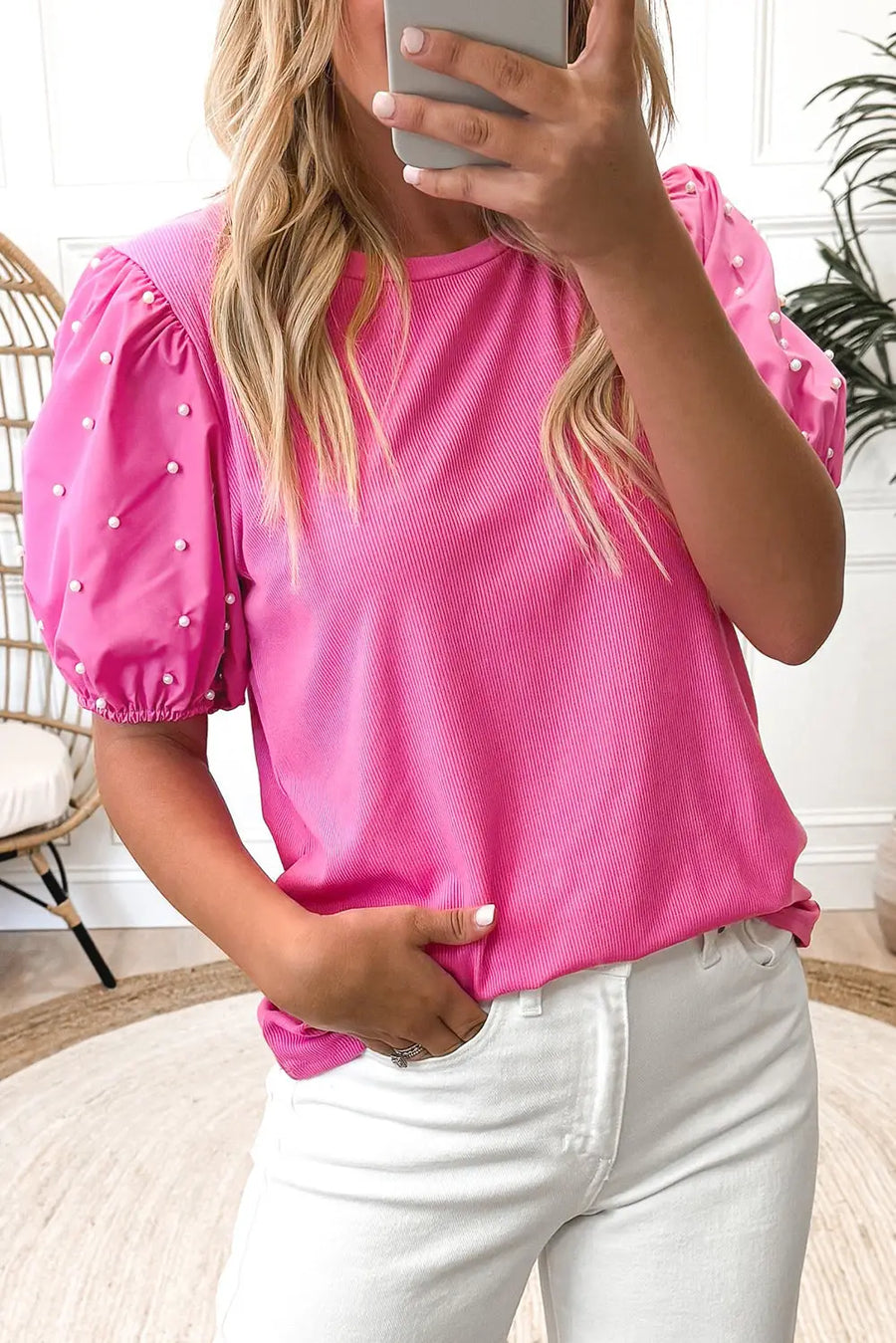 Ribbed Pearl Beaded Puff Sleeve Top Women UK — close-up detail | Fashionfitz UK