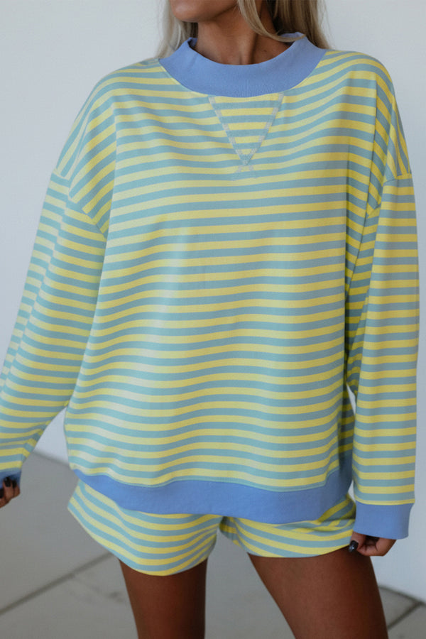 Stripe Colorblock Long Sleeve Pullover &amp; Shorts Set Women UK
