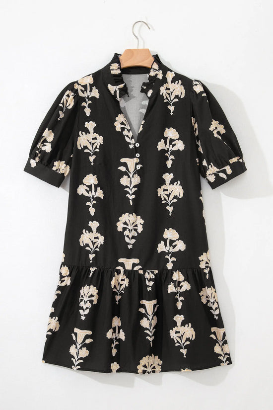 Floral frilled v-neck puff sleeve mini dress dresses