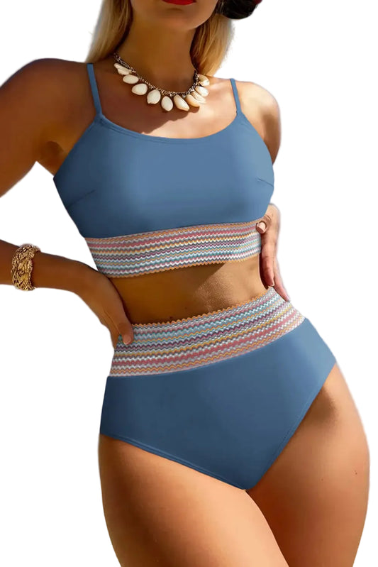 Dusk blue colorful stitch border detail 2pcs high waist bikini swimsuit