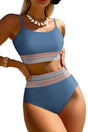 Dusk blue colorful stitch border detail 2pcs high waist bikini swimsuit