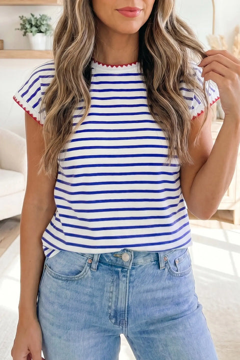 Women's blue stripe contrast trim cap sleeve tee front view