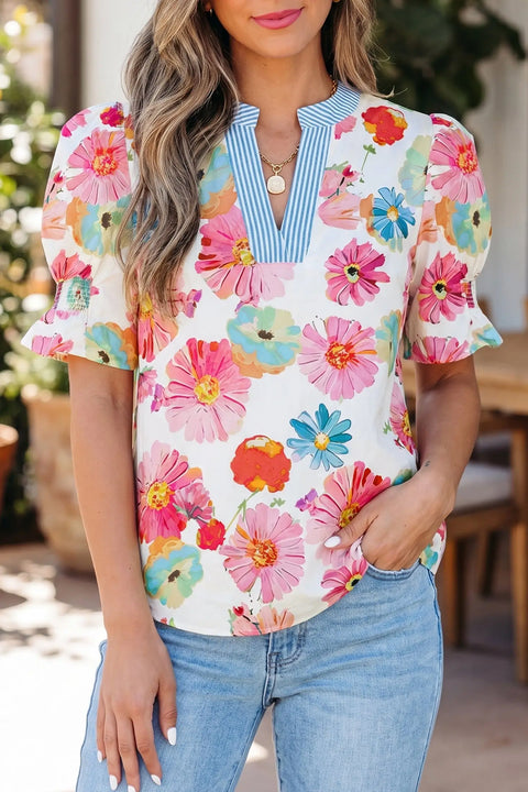 Floral puff sleeve striped trim V-neck blouse front view — Fashionfitz UK