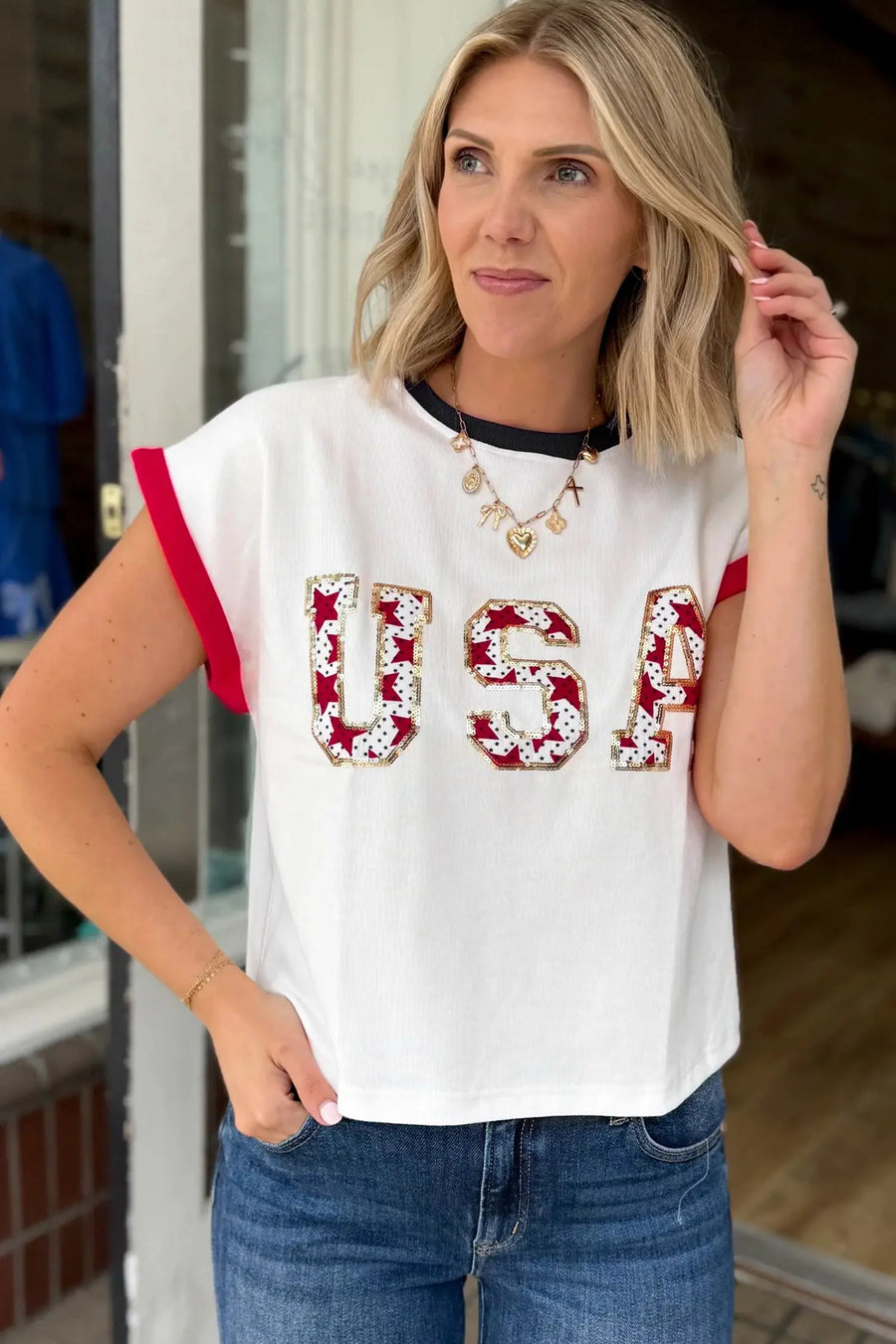 Women’s usa sequin colourblock letter print loose t-shirt t-shirts