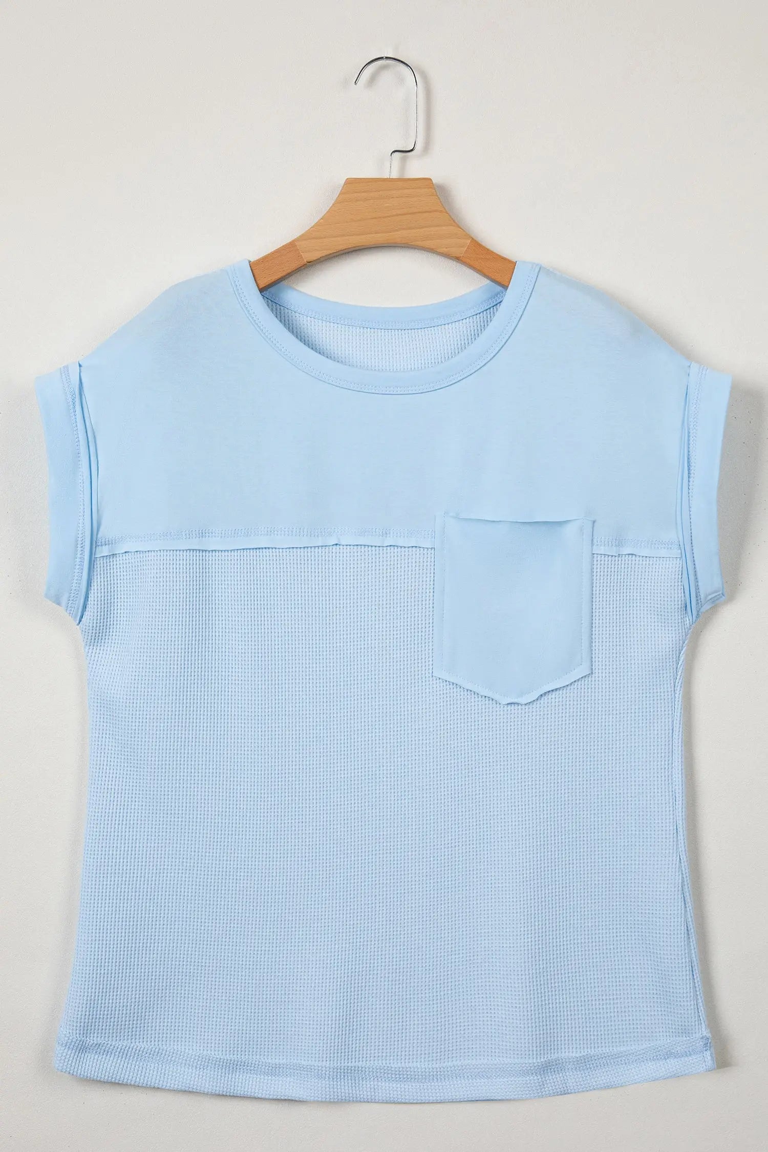 Waffle patchwork sleeveless top raw seam chest pocket round neck casual tank tops