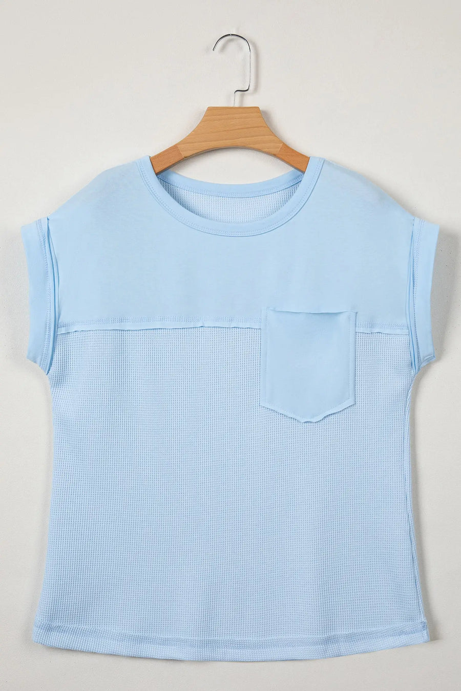 Waffle patchwork sleeveless top raw seam chest pocket round neck casual tank tops