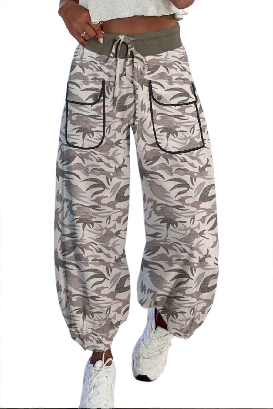 Camo Drawstring Contrast Waistband Cargo Barrel Pants Women UK
