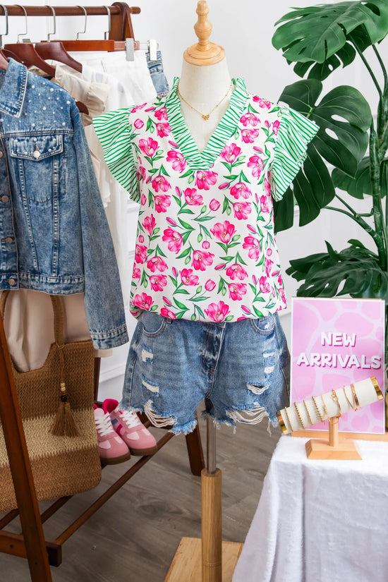 Multicolour sweet floral print striped ruffle trim v neck blouse blouses