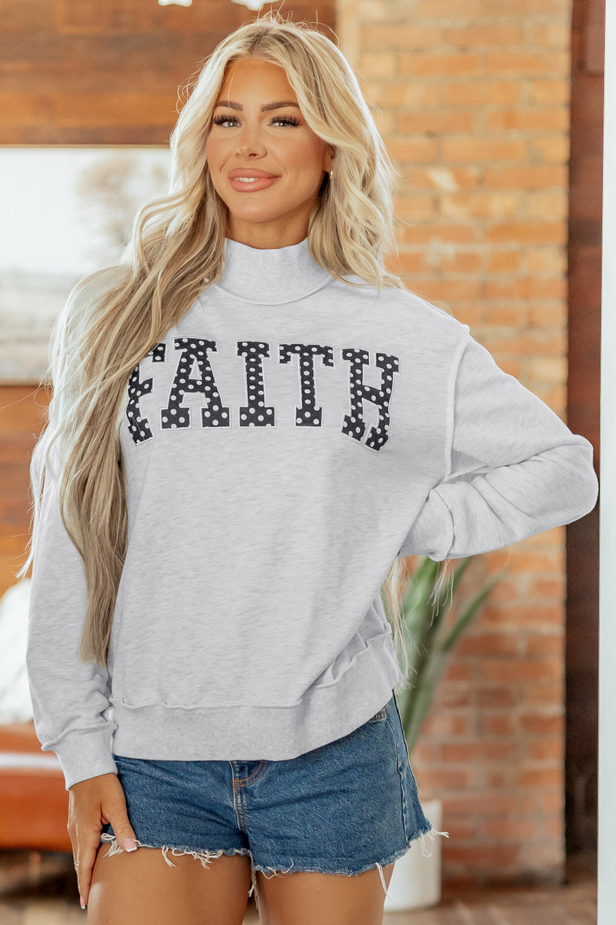 Light Grey Polka Dot Slogan High Neck Baggy Sweatshirt