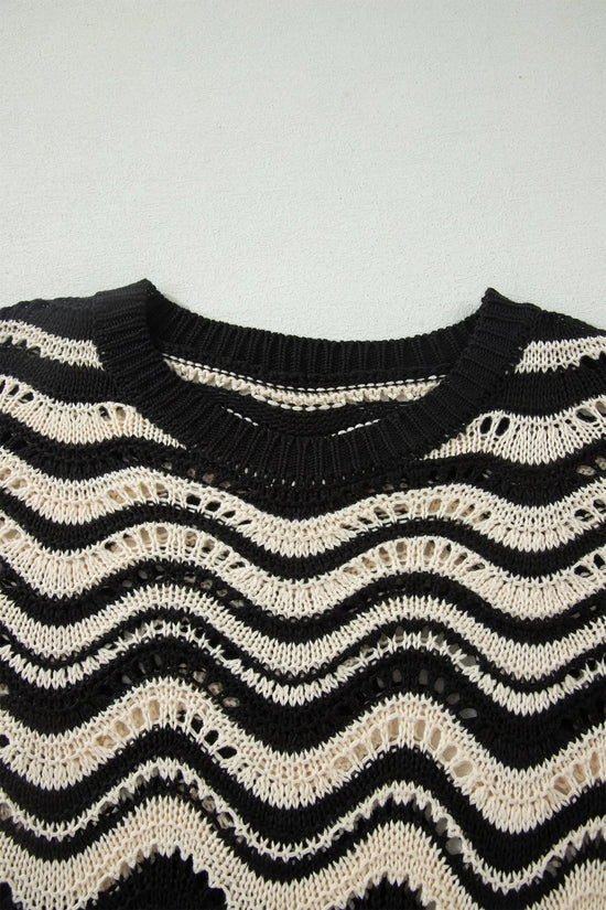Wavy stripe crochet eyelet ruffle half sleeve knit sweater relaxed fit sweaters