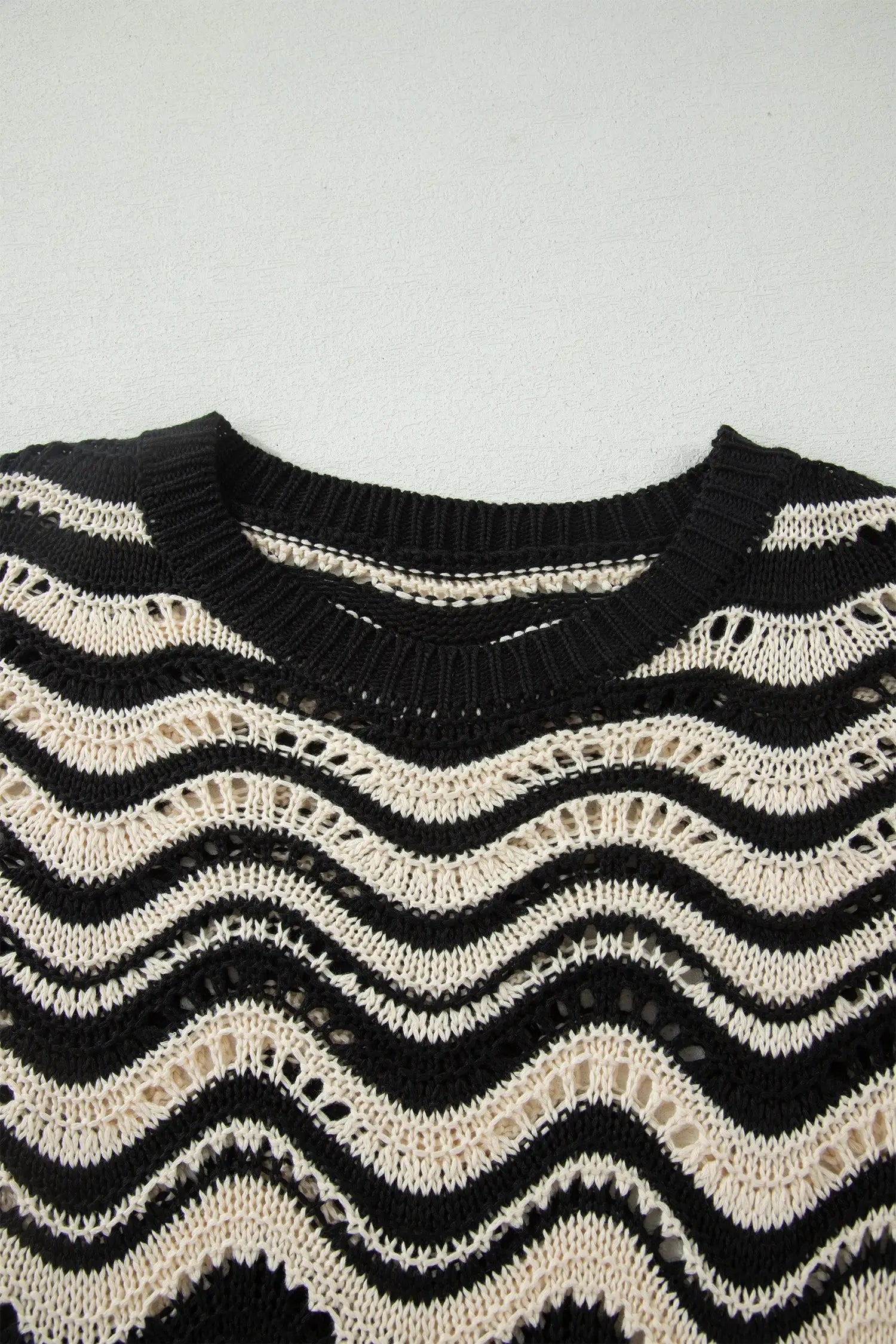 Wavy stripe crochet eyelet ruffle half sleeve knit sweater relaxed fit sweaters