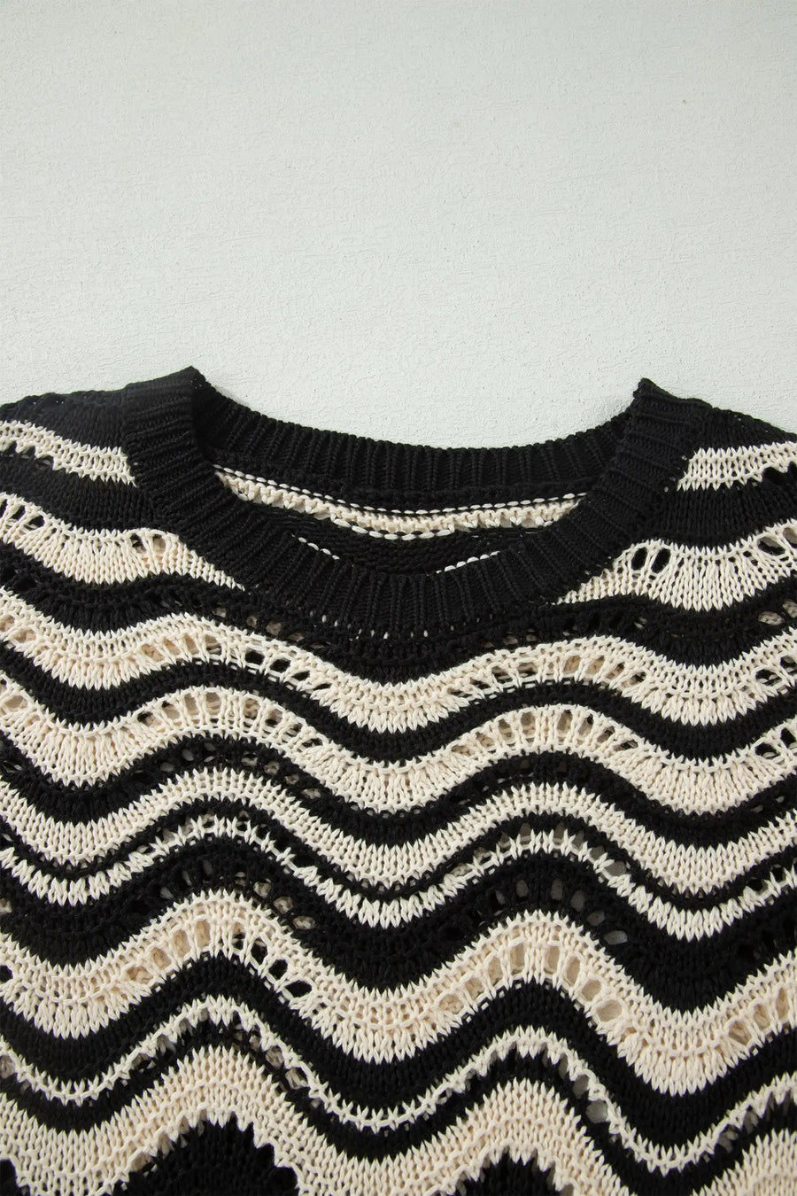 Wavy stripe crochet eyelet ruffle half sleeve knit sweater relaxed fit sweaters