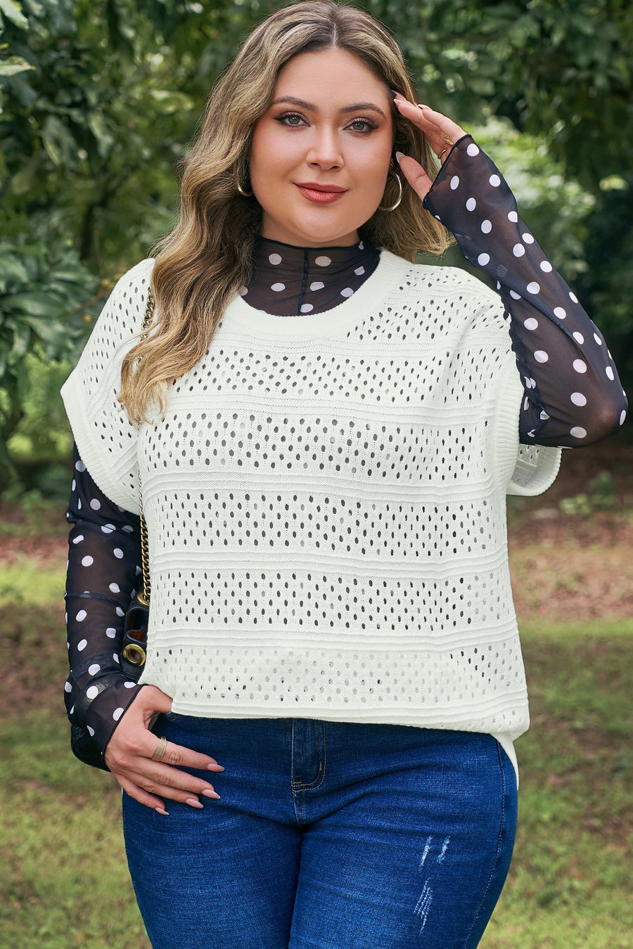 Plus Size Eyelet Hollow Out Knit Short Sleeve Sweater Ribbed Trim White — back view third colourway | Fashionfitz UK