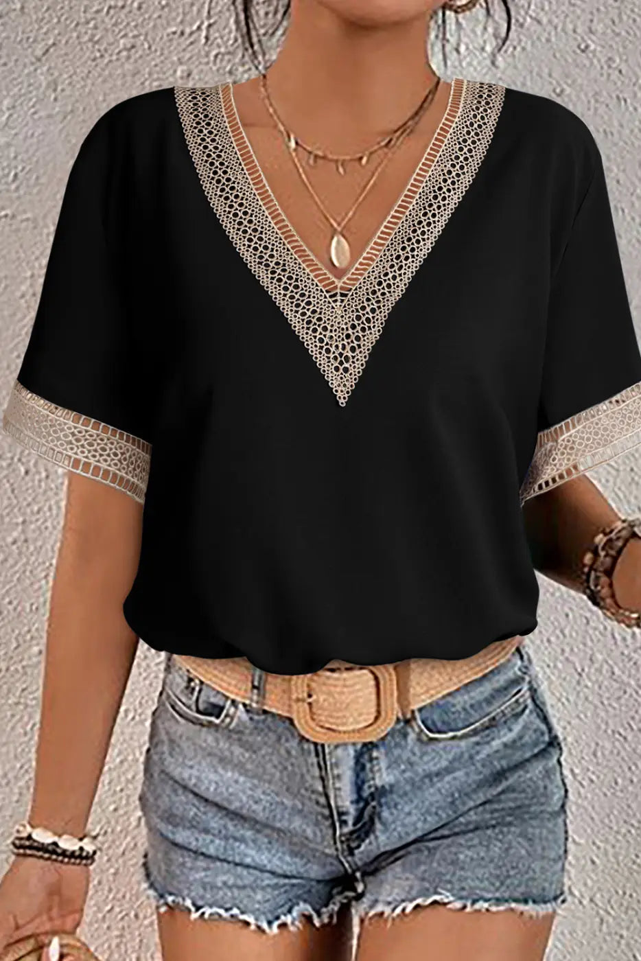 Women’s lace trim v-neck short sleeve blouse | fashionfitz