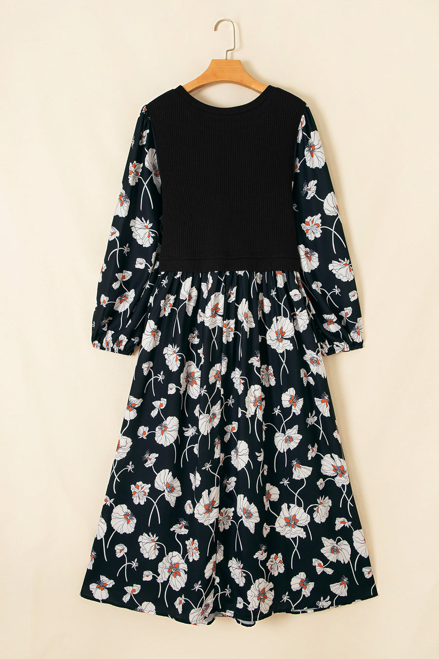 Black Floral Print Long Sleeve Round Neck Plus Size Dress Women UK