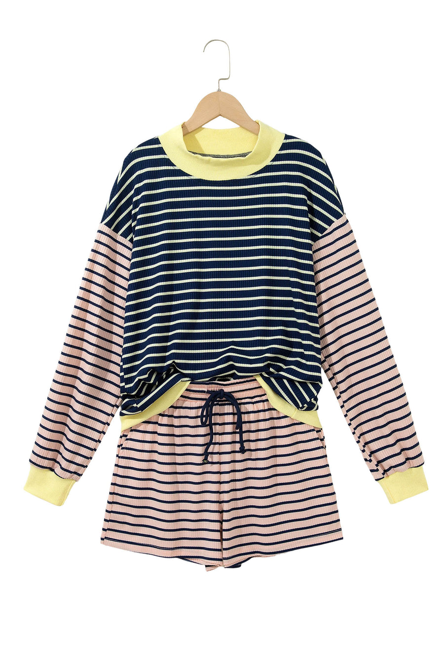 Stripe Colour Block Ribbed Knit Shorts Set