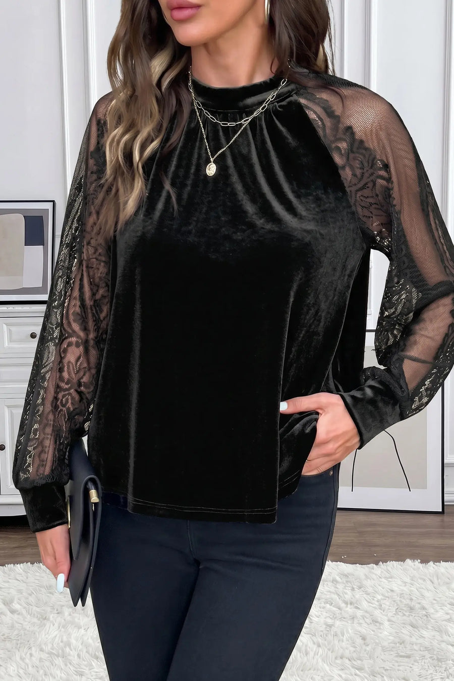 Sheer Lace Velvet Patchwork Stand Neck Blouse Women UK