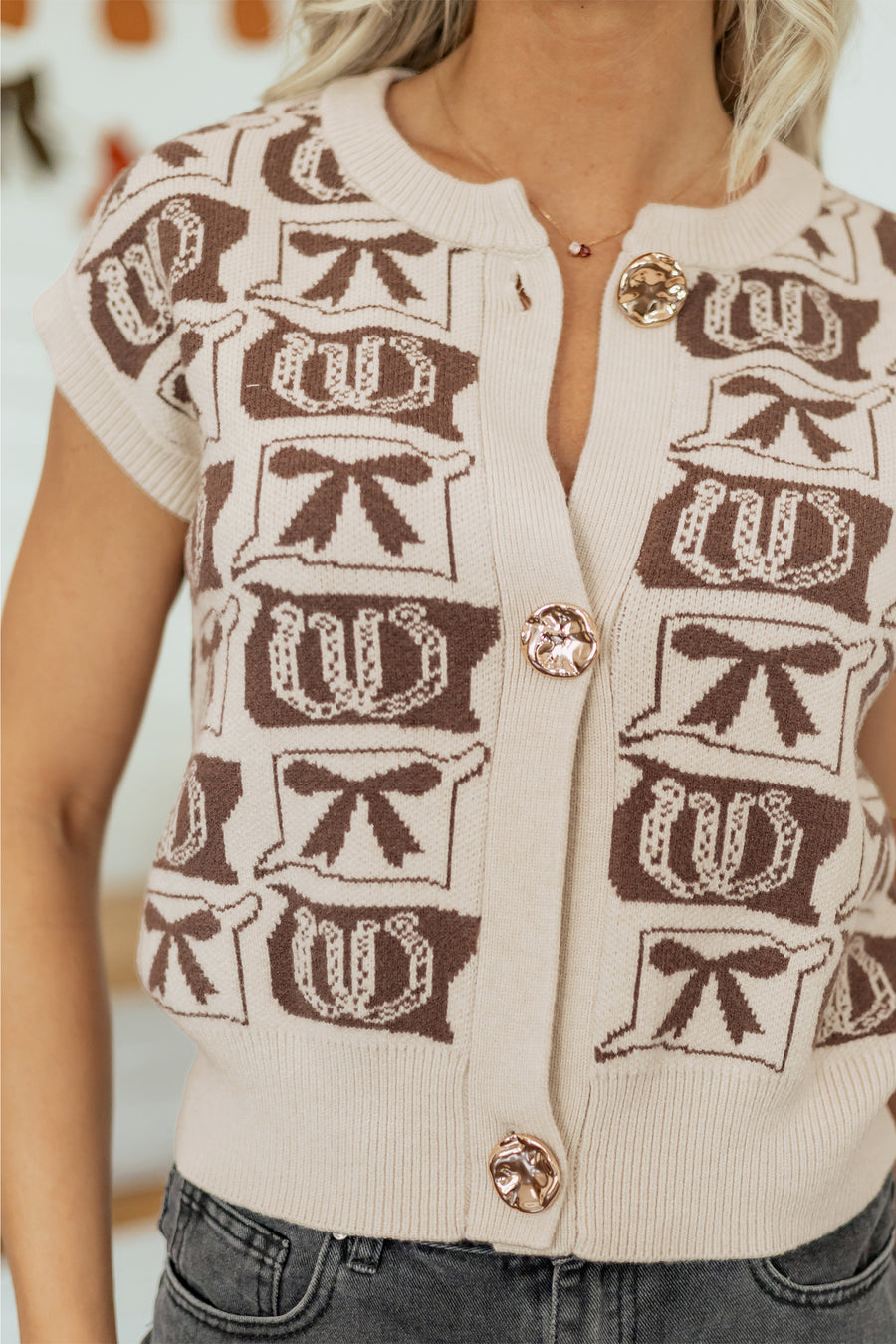 Western Horseshoe Bow Pattern Sleeveless Sweater Vest