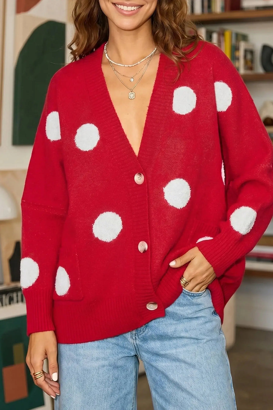 Polka dot button front oversized V-neck cardigan front view — Fashionfitz UK