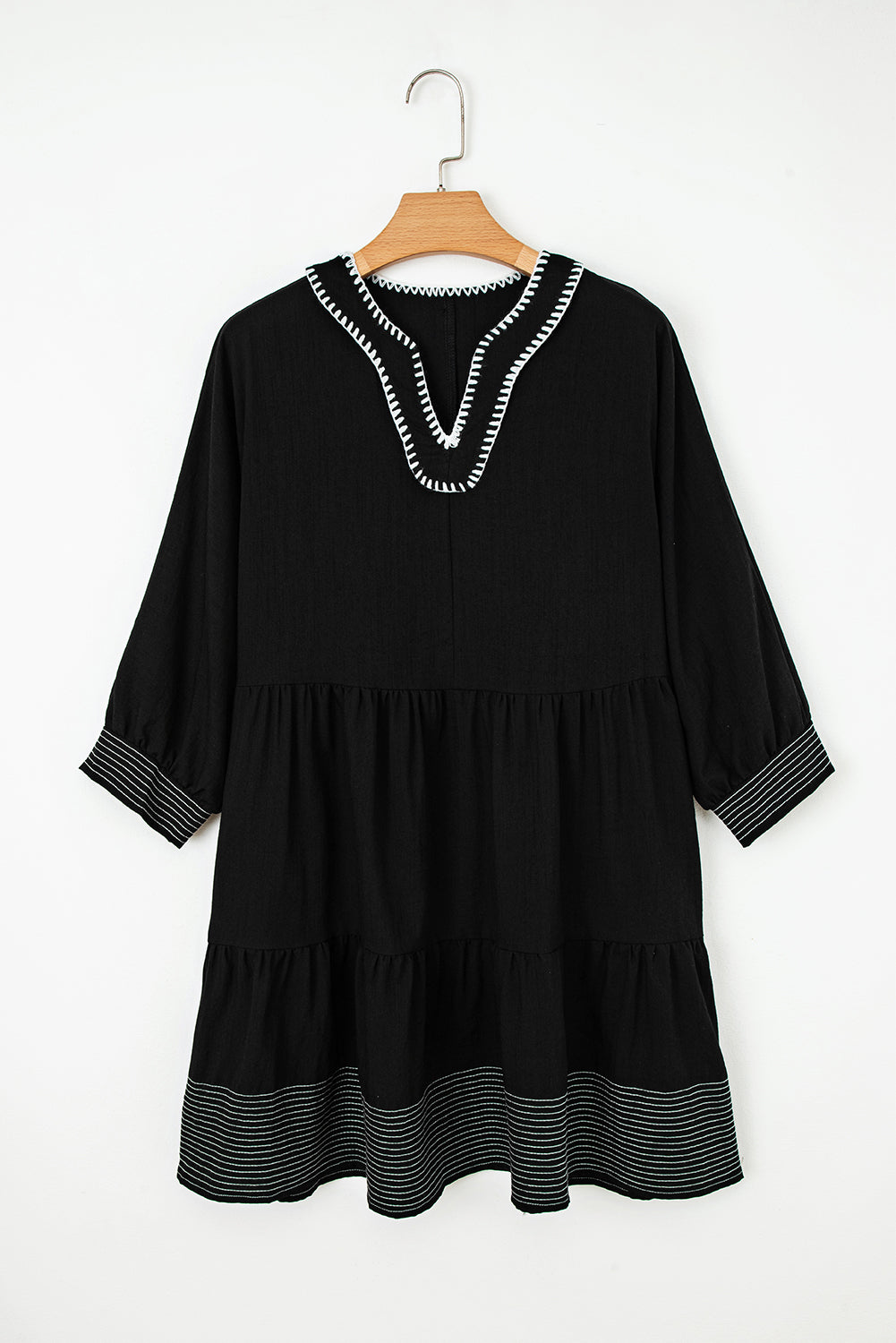 Stitch Detail Tiered V Neck Dress