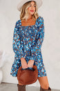 Blue Smocked Bodice High Waist Floral Ruffled Sleeve Maxi Dress Women UK