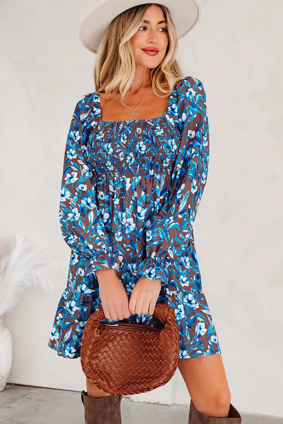 Blue Smocked Bodice High Waist Floral Ruffled Sleeve Maxi Dress Women UK