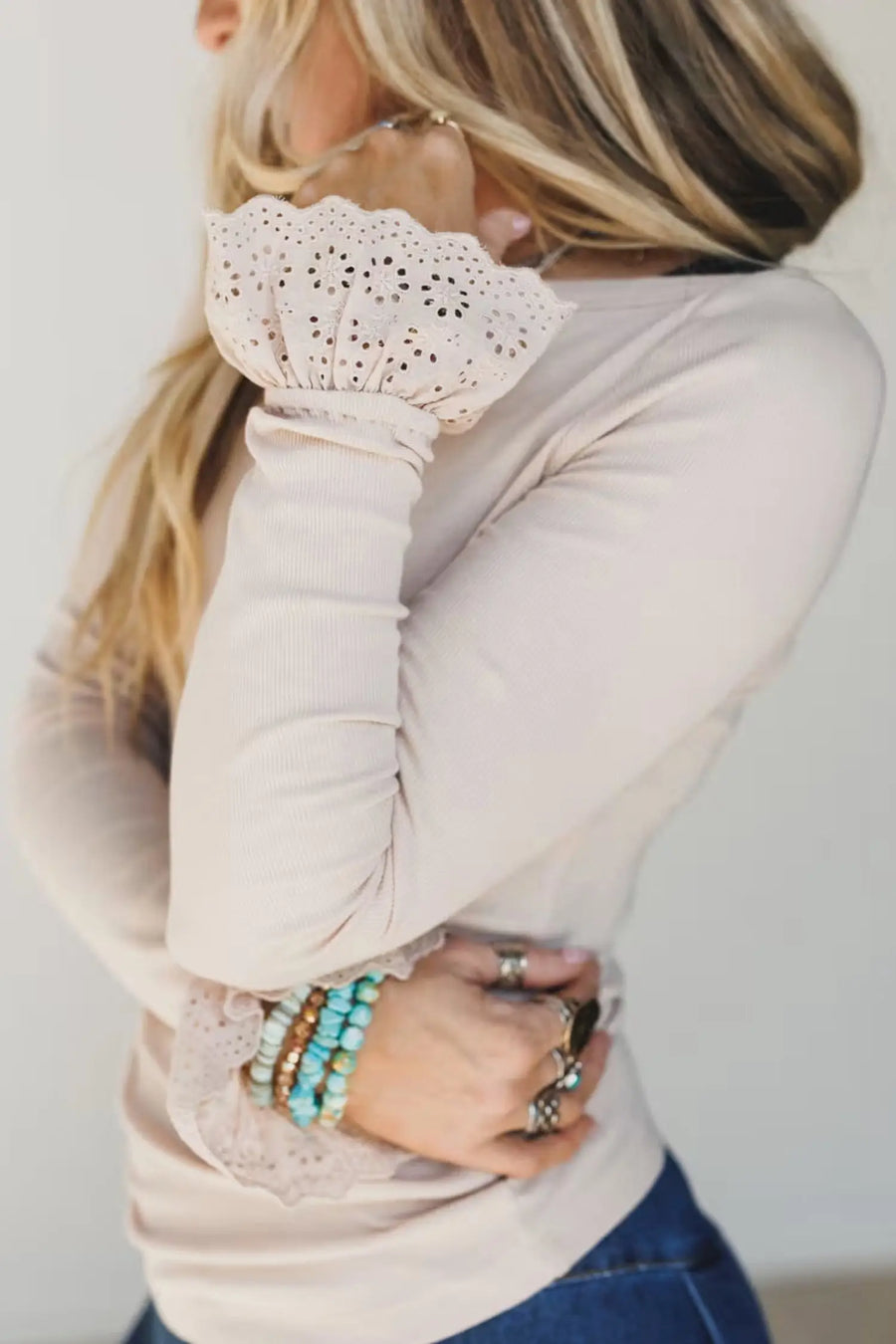 Jet Stream Lace Cuff Patchwork Round Neck Long Sleeve Top — full length view on model | Fashionfitz UK